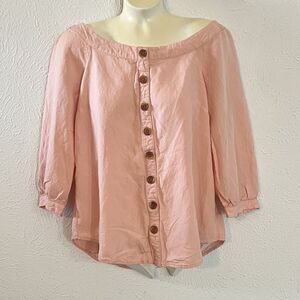 Maeve Anthropologie Women Peach Pink Button Up Alanis Off Shoulder Top Shirt 6